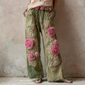 Vintage Floral Embroidered Art Print Straight Leg Linen Blend Pants elevenforest