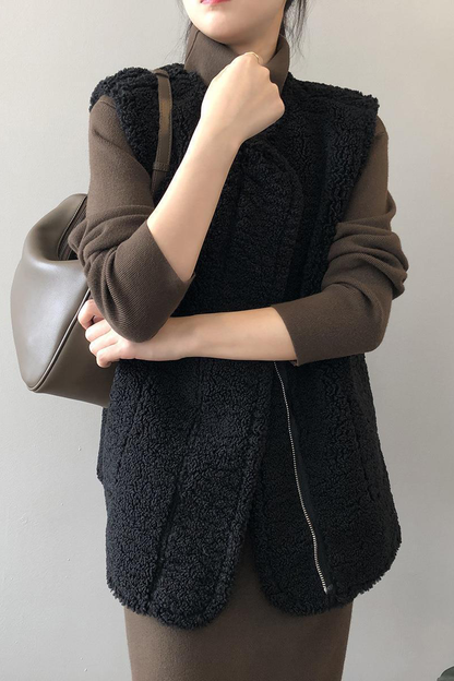 Pocket Patchwork Fluffy O Neck Waistcoats