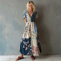 Women's Japanese Cherry Blossom Pattern Linen V-neck Dress elevenforest