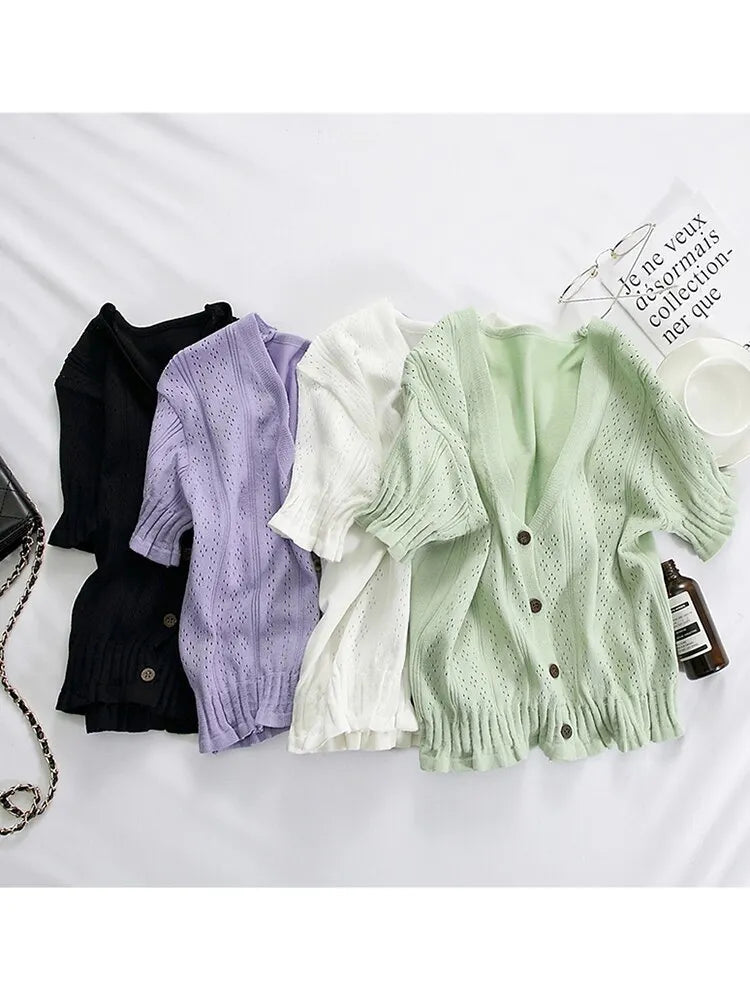 T-shirts V-neck Button Up Tees Short Sleeve T-shirts Knitted Cadigans Crop Tops for Summer Tee