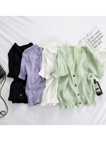 T-shirts V-neck Button Up Tees Short Sleeve T-shirts Knitted Cadigans Crop Tops for Summer Tee
