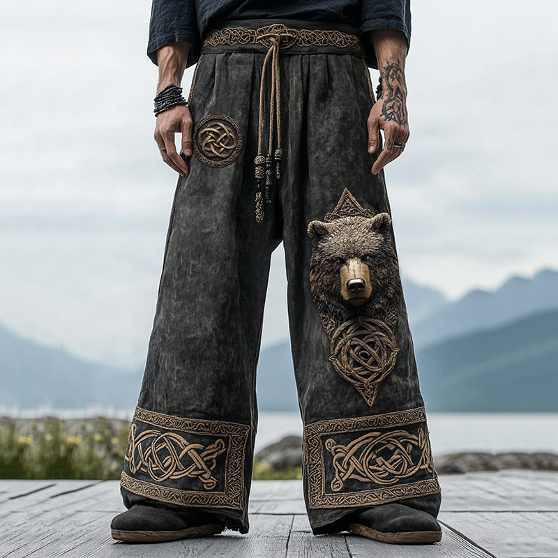 Vintage Nordic Viking Mythology Celtic Knot Bear Head Pants elevenforest