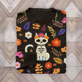 Mexican Catrina Day Of The Dead Skull Cat Embroidered Floral Art Crew Neck Sweater elevenforest