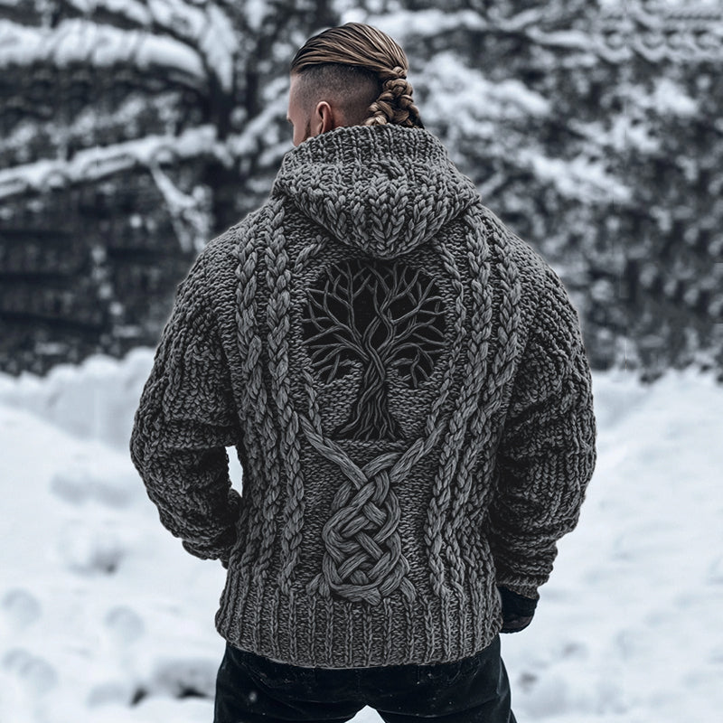 Men's Viking Tribal Tree Of Life Celtic Chunky Knit Hooded Sweater elevenforest