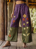 Vintage Bohe Resort Forest Floral Art Printed Cotton Linen Wide Leg Pants elevenforest