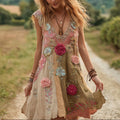 Ladies' Rose Embroidery Vintage Linen Sleeveless A-line Skirt elevenforest