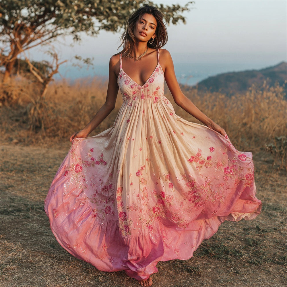 Boho Vintage Floral Embroidery Women's Spaghetti Strap Maxi Dress elevenforest