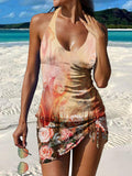 Retro Flower Print Pleated Drawstring V-neck Tankini Pantskirt Set Swimsuit