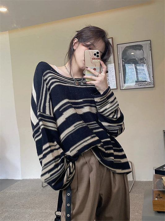 Carolin® | Striped patchwork knit sweater for women with a loose fit