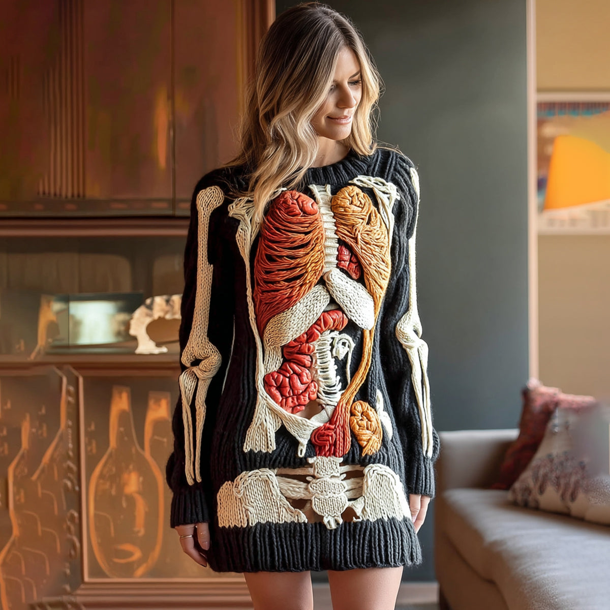Comstylish Women's Vintage Halloween Human Organ Art Cozy Knit Sweater Mini Dress