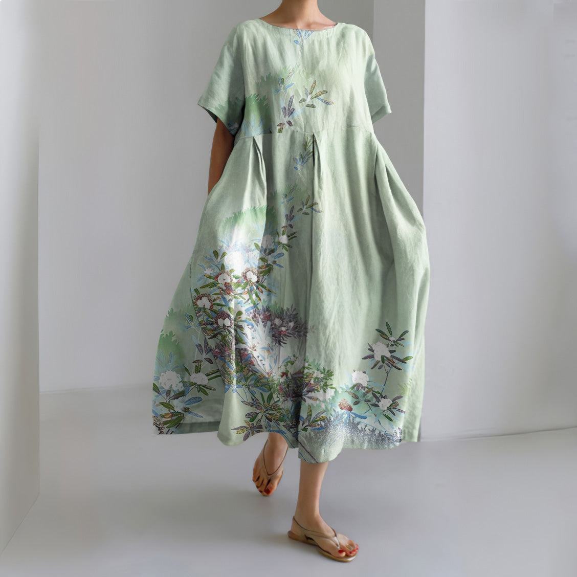 Flower Print Short Sleeve Midi Dress elevenforest