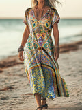 Women's Vintage Ethnic Floral Art Print Pocket Cotton Dress