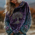 Women's Vintage Viking Tree Of Life And Kel's Knot Rose Pattern Plush Hoodie elevenforest