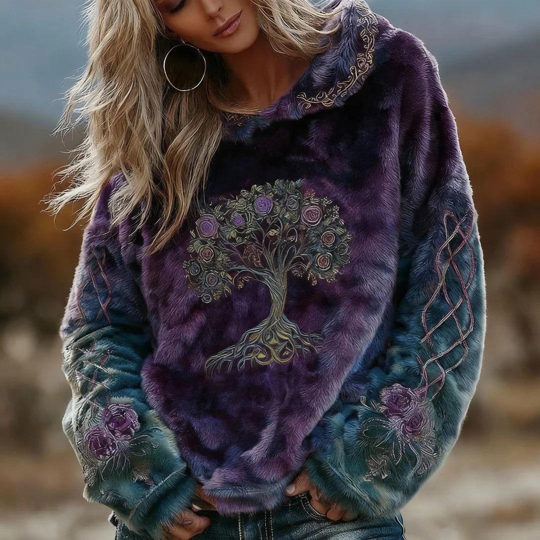 Women's Vintage Viking Tree Of Life And Kel's Knot Rose Pattern Plush Hoodie elevenforest