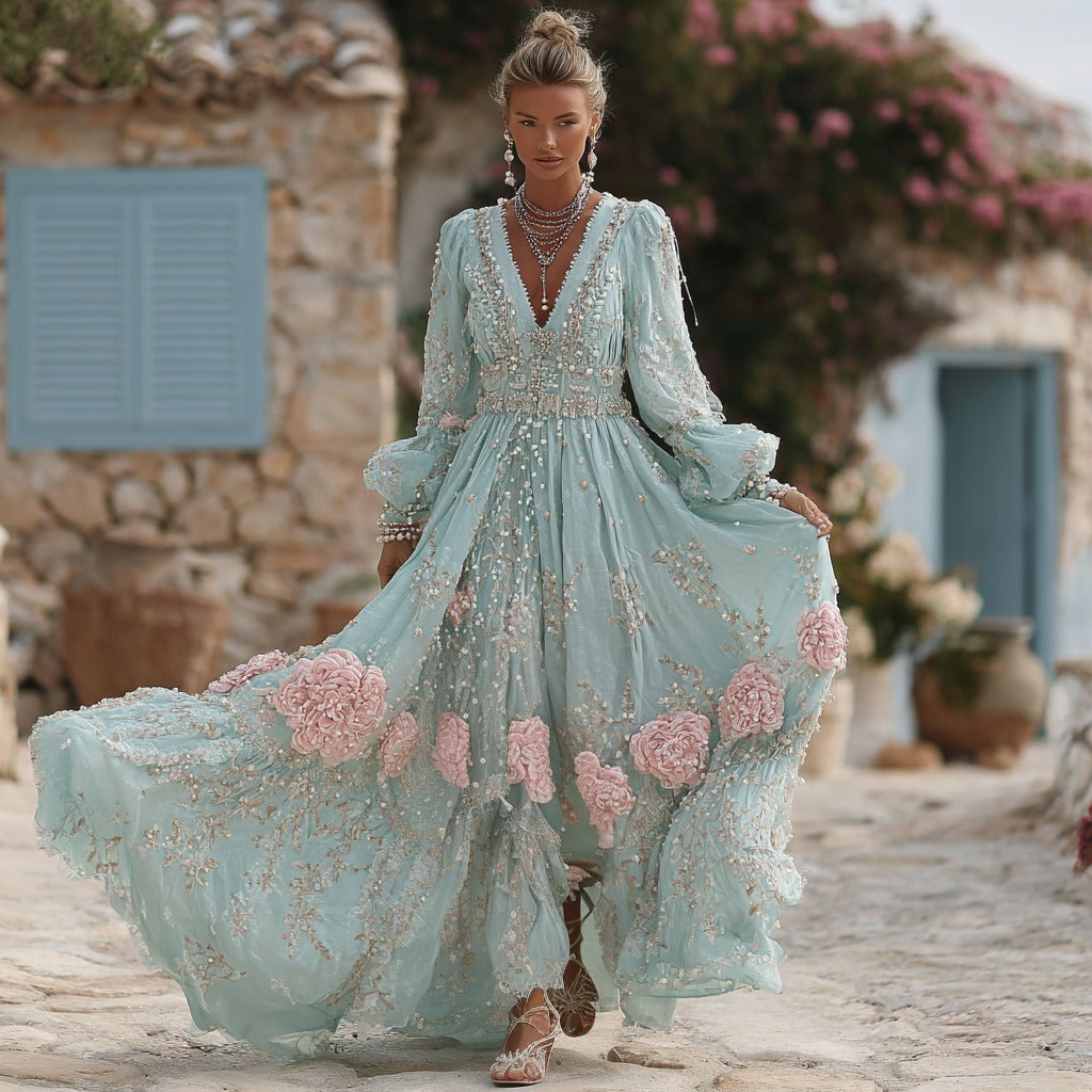 Women's Vintage Bohemian Floral Embroidered Casual Long Sleeve Dress elevenforest
