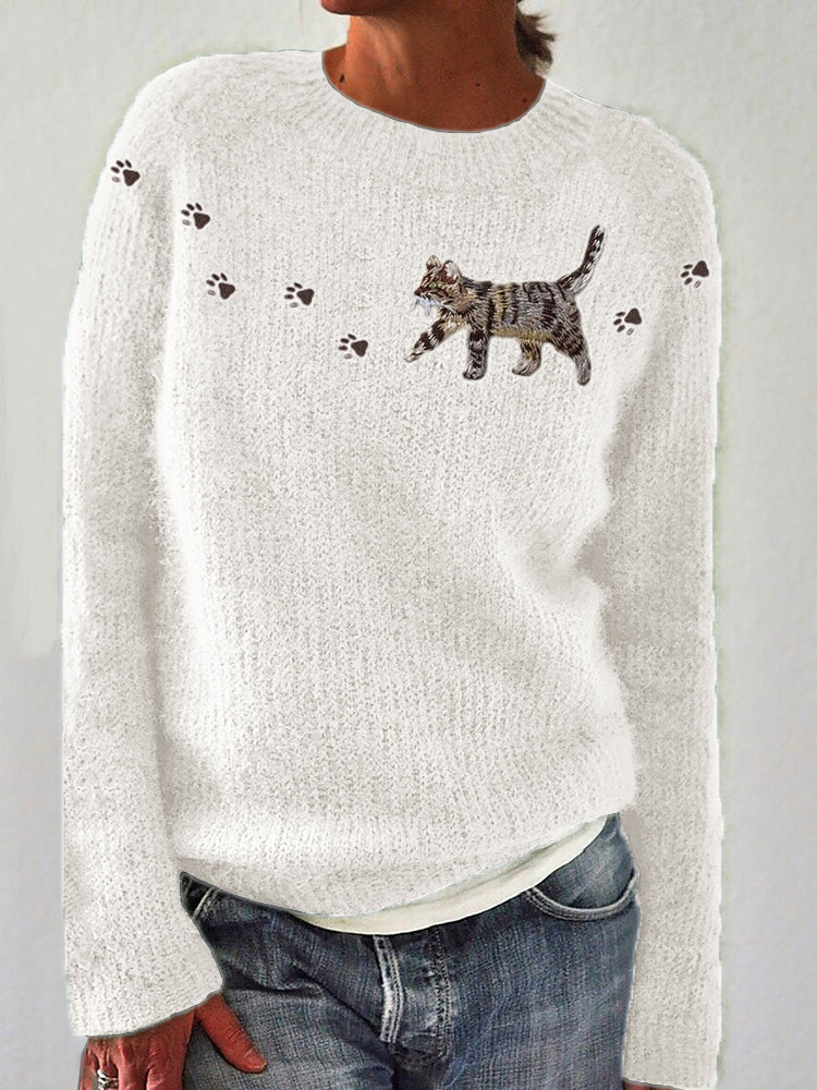 Comstylish Cat & Paw Prints Yoke Embroidered Cozy Knit Sweater
