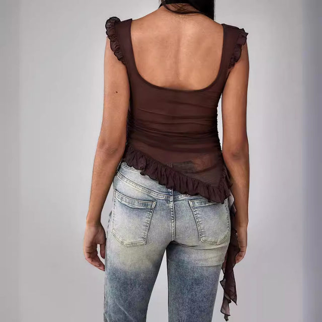 Trauxy Fungus Side Mesh Tank Top ’s 3d Flower See Through Patchwork Slim Sleveeless Female Club Party Vestido