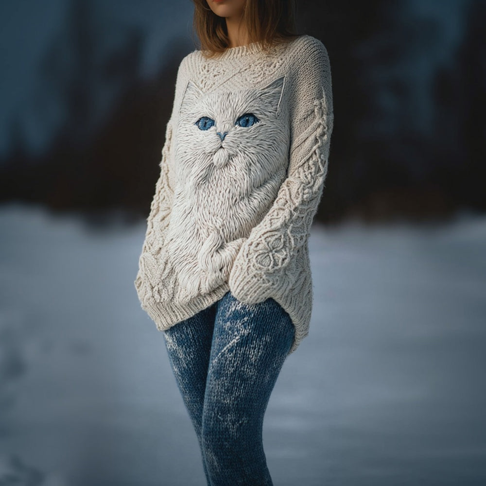 Comstylish Cute Cat Face Pattern Jacquard Cozy Knit Sweater
