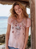 Women's Marine Jellyfish Starfish Fun Print V-neck Top elevenforest