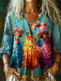 Women's Funny Rooster Art Print Casual Cotton Linen Shirt