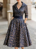 Women's vintage patterned jacquard floral mid-length dress