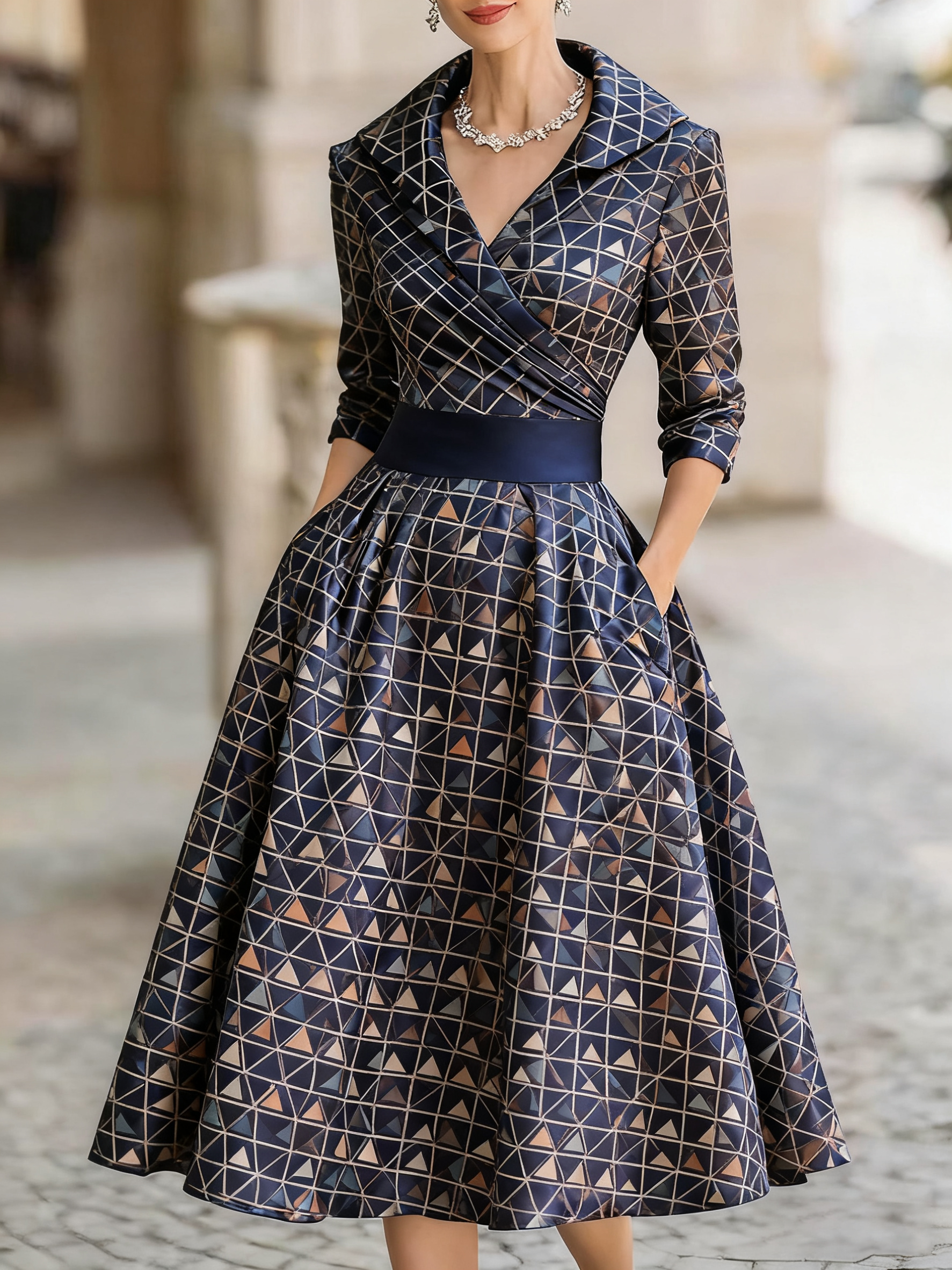 Women's vintage patterned jacquard floral mid-length dress