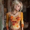 Autumn Floral Vintage Lace Patchwork Art Women's Long Sleeve Top elevenforest