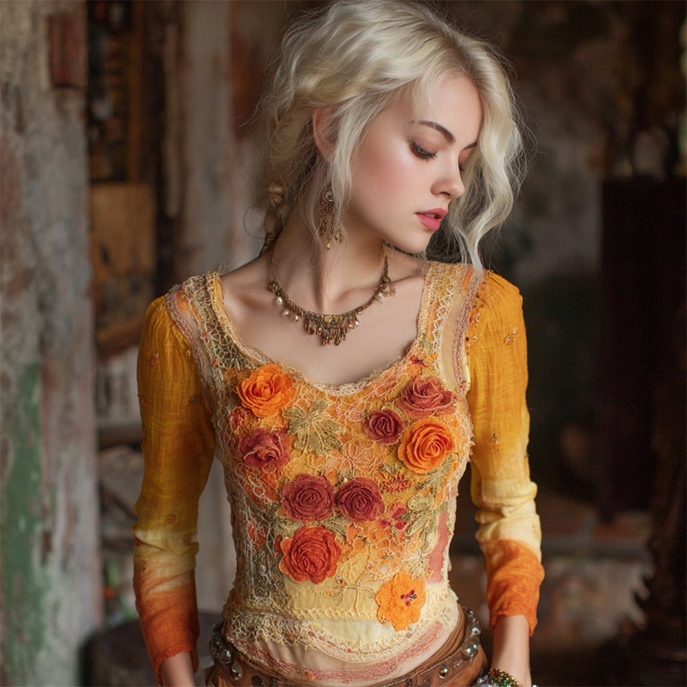 Autumn Floral Vintage Lace Patchwork Art Women's Long Sleeve Top elevenforest