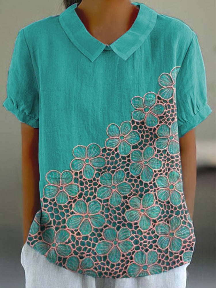 Lace Floral Pattern Linen Blend Shirt elevenforest