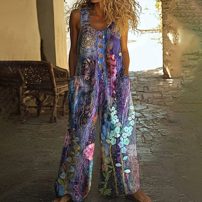 Women's Floral Art Print Wide Leg Jumpsuit elevenforest