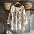 Vintage Floral Embroidery Art Graphics Linen Blend Tunic elevenforest