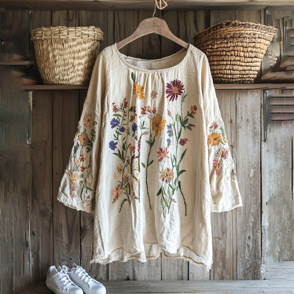 Vintage Floral Embroidery Art Graphics Linen Blend Tunic elevenforest