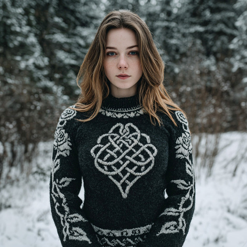 Comstylish Women's Retro Celtic Knot Floral Comfortable Crew Neck Sweater