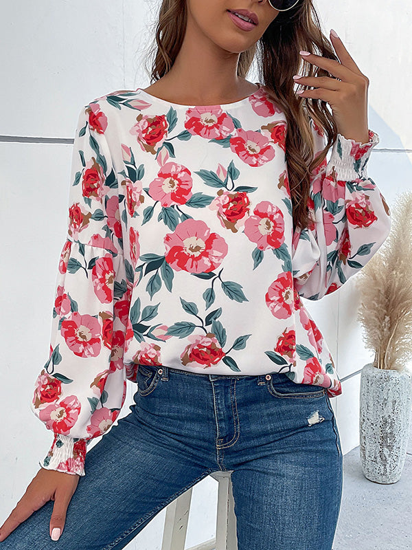 Long Sleeves Loose Elasticity Flower Print Round-neck Blouses&shirts Tops