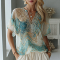 Vintage Marble Texture Collection Retro Bohemia Women Style Gradient Gilded Pattern Linen Round Neck T-shirt elevenforest