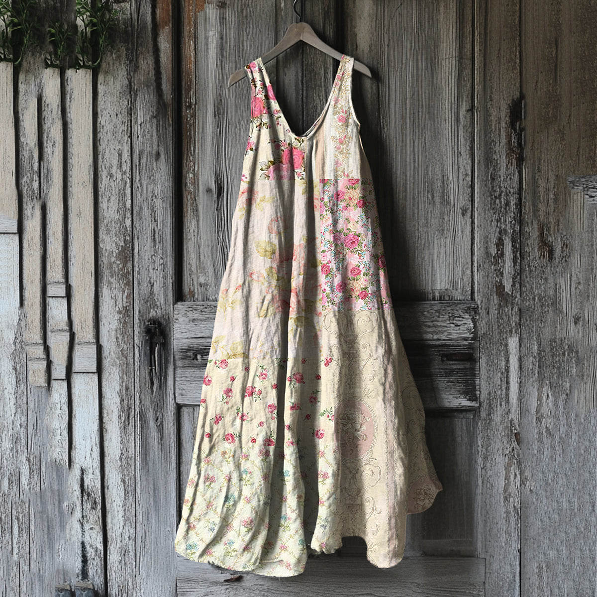 Vintage Patchwork Floral Art Linen Tank Dress elevenforest