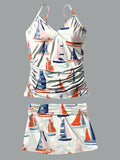 Sailboat V-Neck Vintage Flowers Print Suspender Skirt Tankini Pantskirt Set Swimsuit