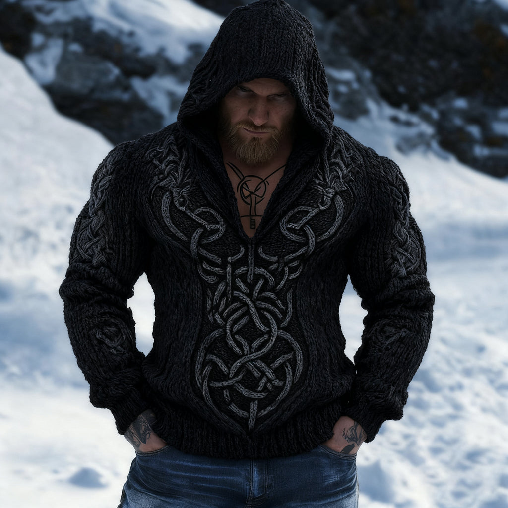 Retro Viking Celtic Jacquard Chunky Hooded Sweater elevenforest