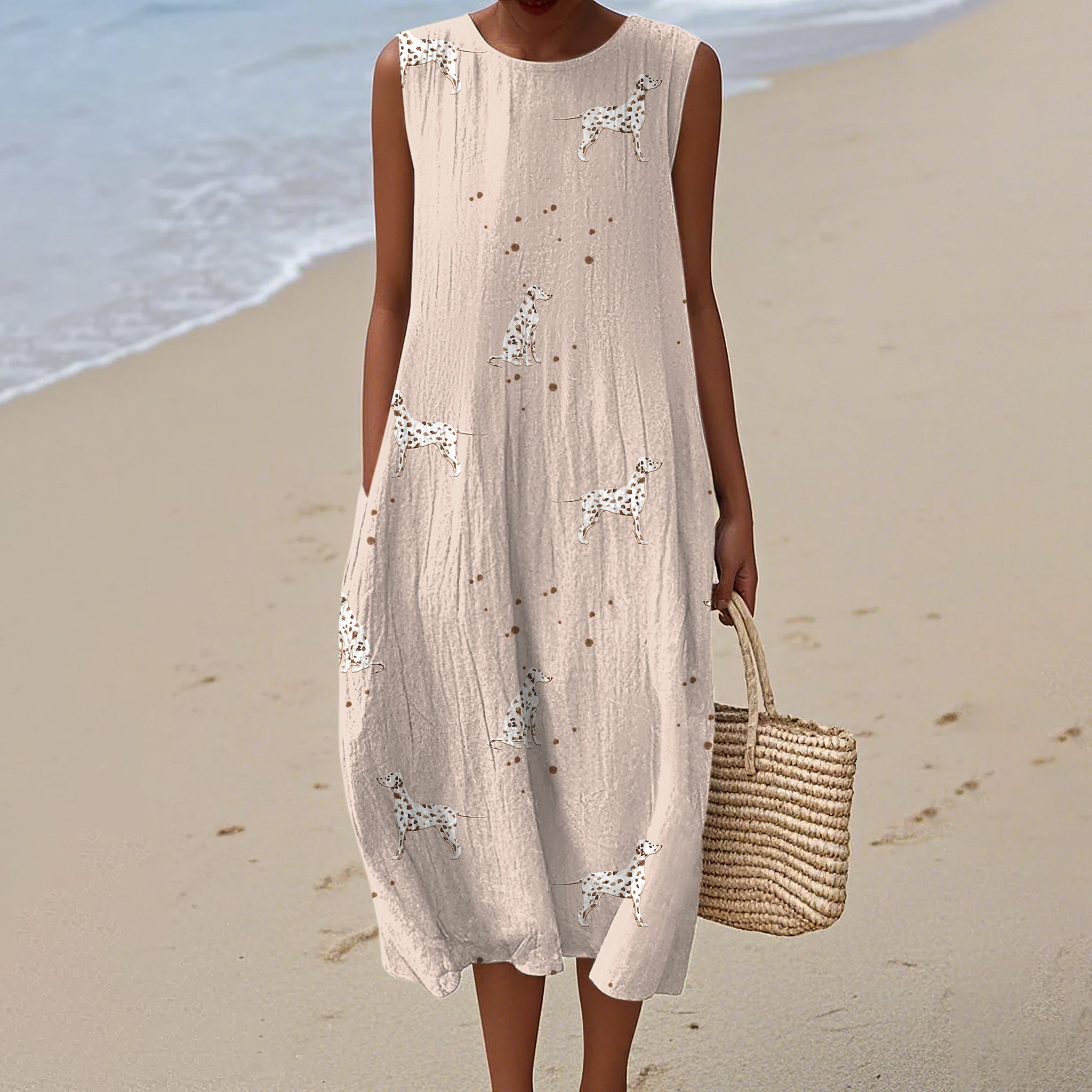 Comstylish Retro Cute Dalmatian Dog Art Linen Tank Midi Dress