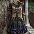 Women's Vintage  Viking Tree Of Life Color Gradient Linen Dress elevenforest
