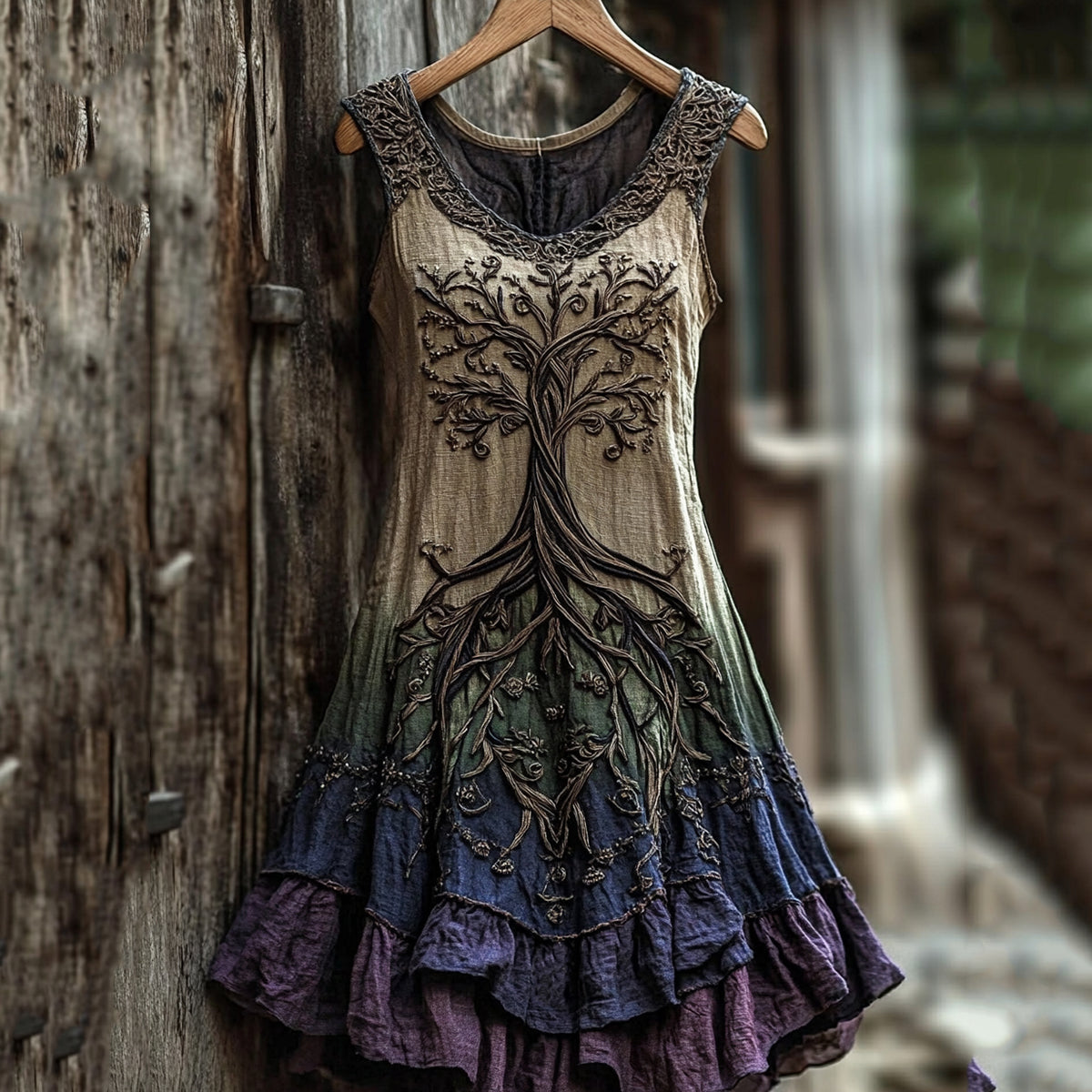 Women's Vintage  Viking Tree Of Life Color Gradient Linen Dress elevenforest