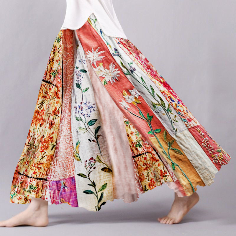 Women's Boho Flowers Art Linen Blend Comfy Skirt elevenforest