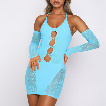 Clothing Sheer Mesh Dress Criss Cross Blouse Backless Diamond Splicing