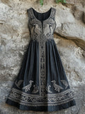 Vintage Viking Celtic Ravens Medieval Linen Maxi Dress elevenforest