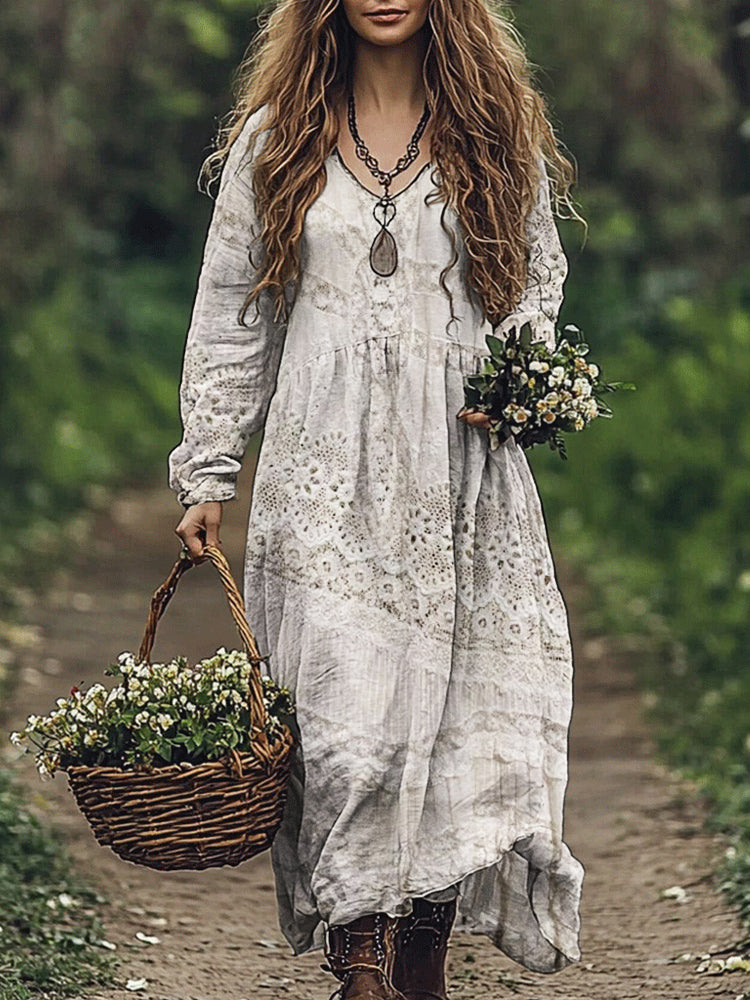 Vintage Lace Women's Linen Maxi Dress elevenforest