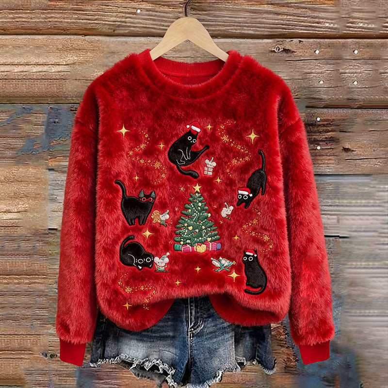 Cute Black Cat Christmas Tree Art Women's Cozy Plush Sweater artswardrobe