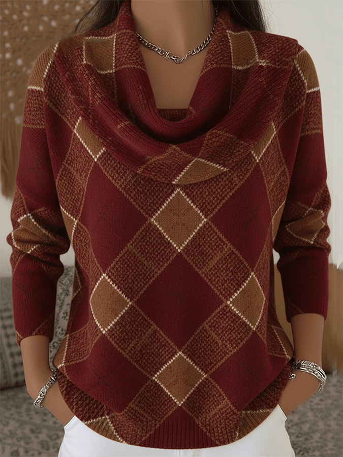 Women'S Casual Plaid Sweater With Special Collar 