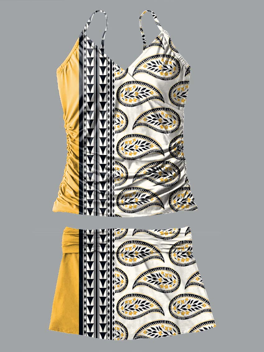 V-Neck Vintage Yellow Ethnic Stripes Paisley Print Suspender Skirt Tankini Pantskirt Set Swimsuit