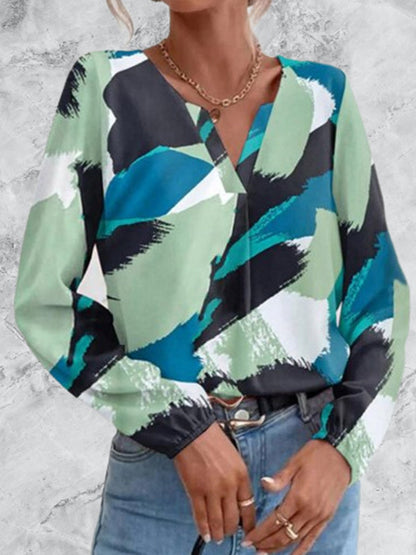 Long Sleeves Loose Printed Split-joint V-neck Blouses&shirts Tops