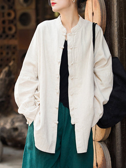 Batwing Sleeves Loose Chinese Frog Buttons Pleated Color Split-joint Stand Collar Blouses